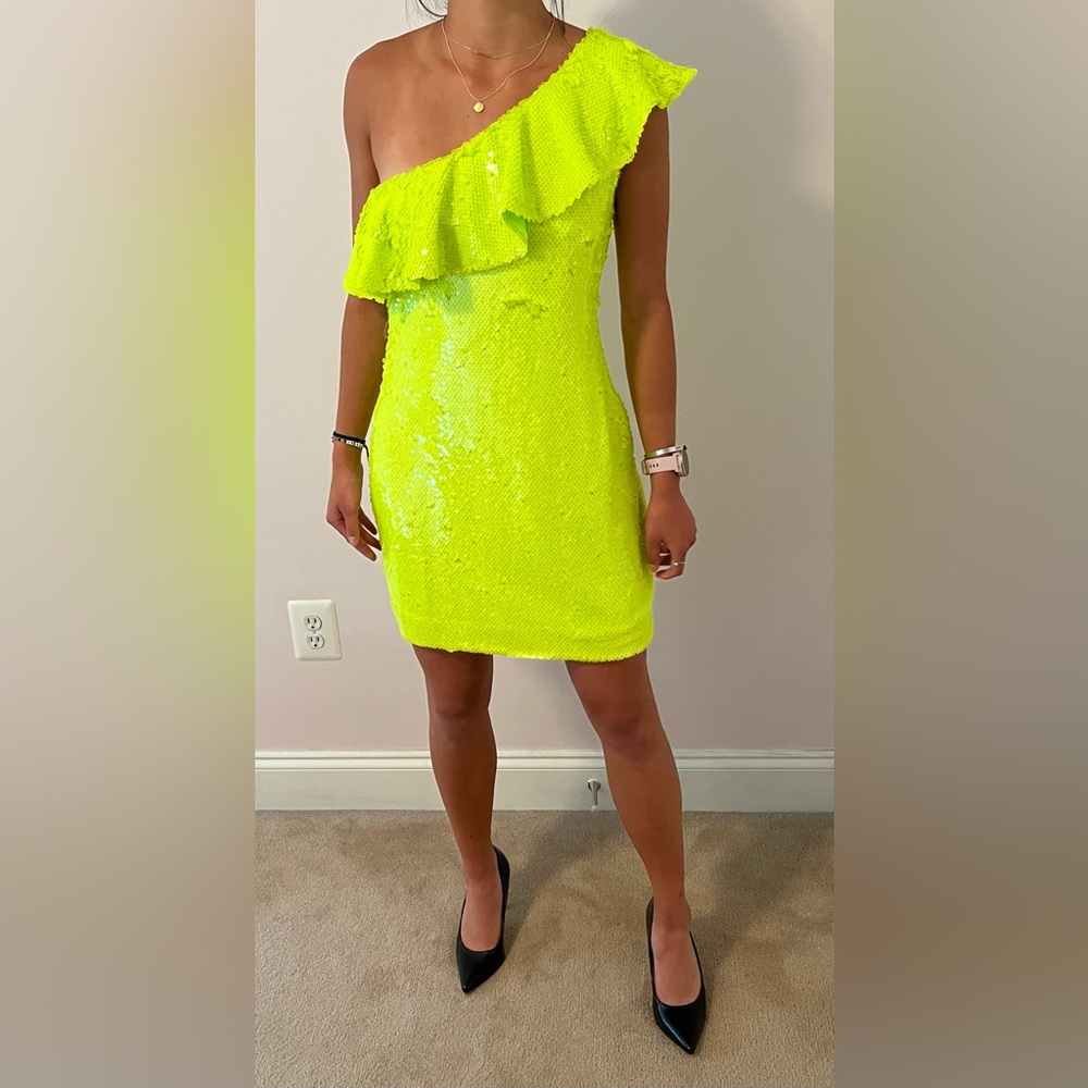 XS Leith Neon Green Sequin Ruffle Dress